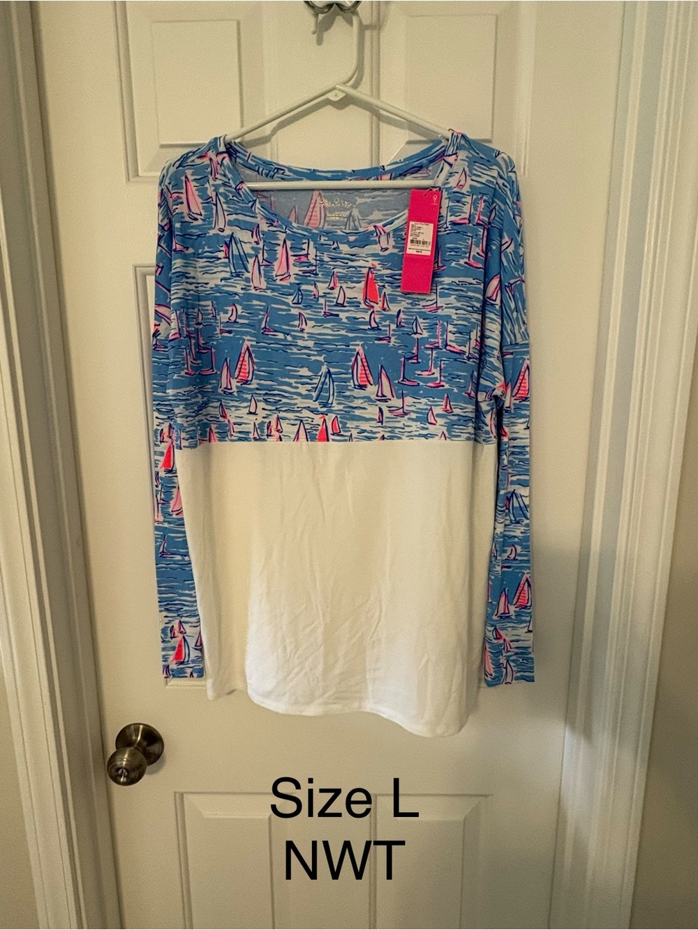 Lilly Pulitzer Blue & White Sailboat Colorblock Long Sleeve Top